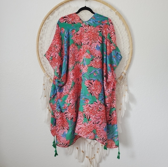 Do Everything In Love Floral Kimono Swim Coverup Boho Tassels Green Pink O/S - Picture 5 of 10